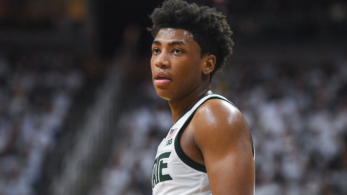 Jeremy Fears Jr. #1 of the Michigan State Spartans looks on during the first half against Michigan. (Photo by Aaron J. Thornton/Getty Images)