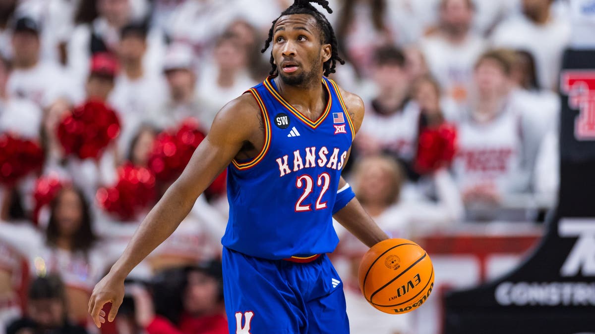 Darryn Peterson #22 of the Kansas Jayhawks handles the ball during the first half against Texas Tech. (Photo by John E. Moore III/Getty Images)
