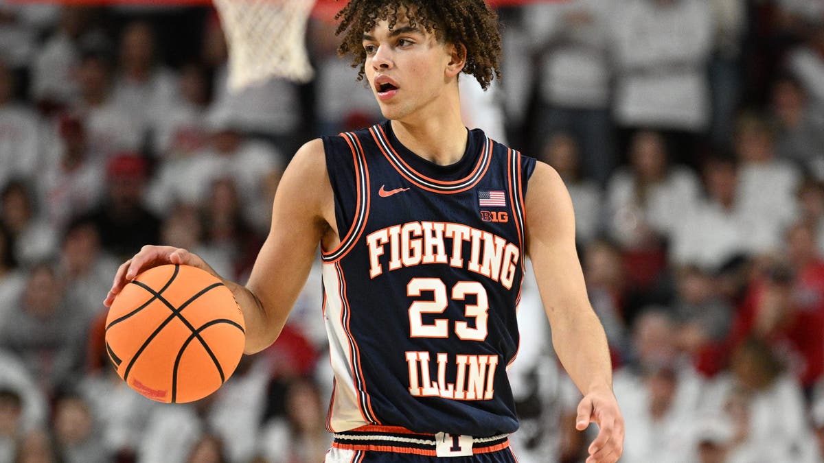 Keaton Wagler #23 of the Illinois Fighting Illini dribbles during the second half against Nebraska. (Photo by Steven Branscombe/Getty Images)