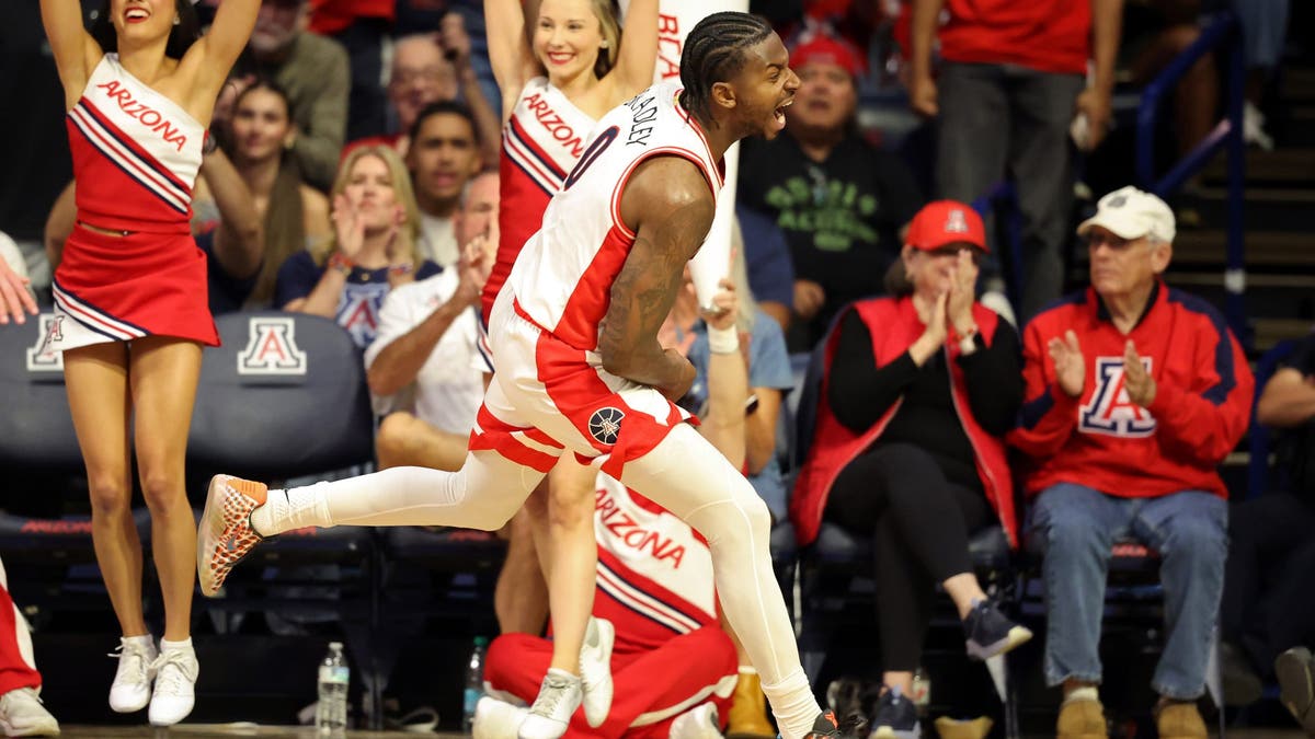 Jaden Bradley #0 of the Arizona Wildcats reacts after scoring a basket against the Oklahoma State Cowboys. (Photo by Chris Coduto/Getty Images)