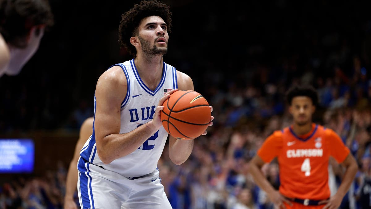 DURHAM, NORTH CAROLINA - FEBRUARY 14: Cameron Boozer #12 of the Duke Blue Devils prepares to shoot a free throw during the game against the Clemson Tigers at Cameron Indoor Stadium on February 14, 2026 in Durham, North Carolina. (Photo by Lance King/Getty Images)