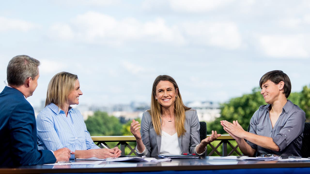 Rob Stone, Kelly Smith, Heather O'Reilly and Ari Hingst at the FOX Sports FIFA Women’s World Cup France 2019™ Studio