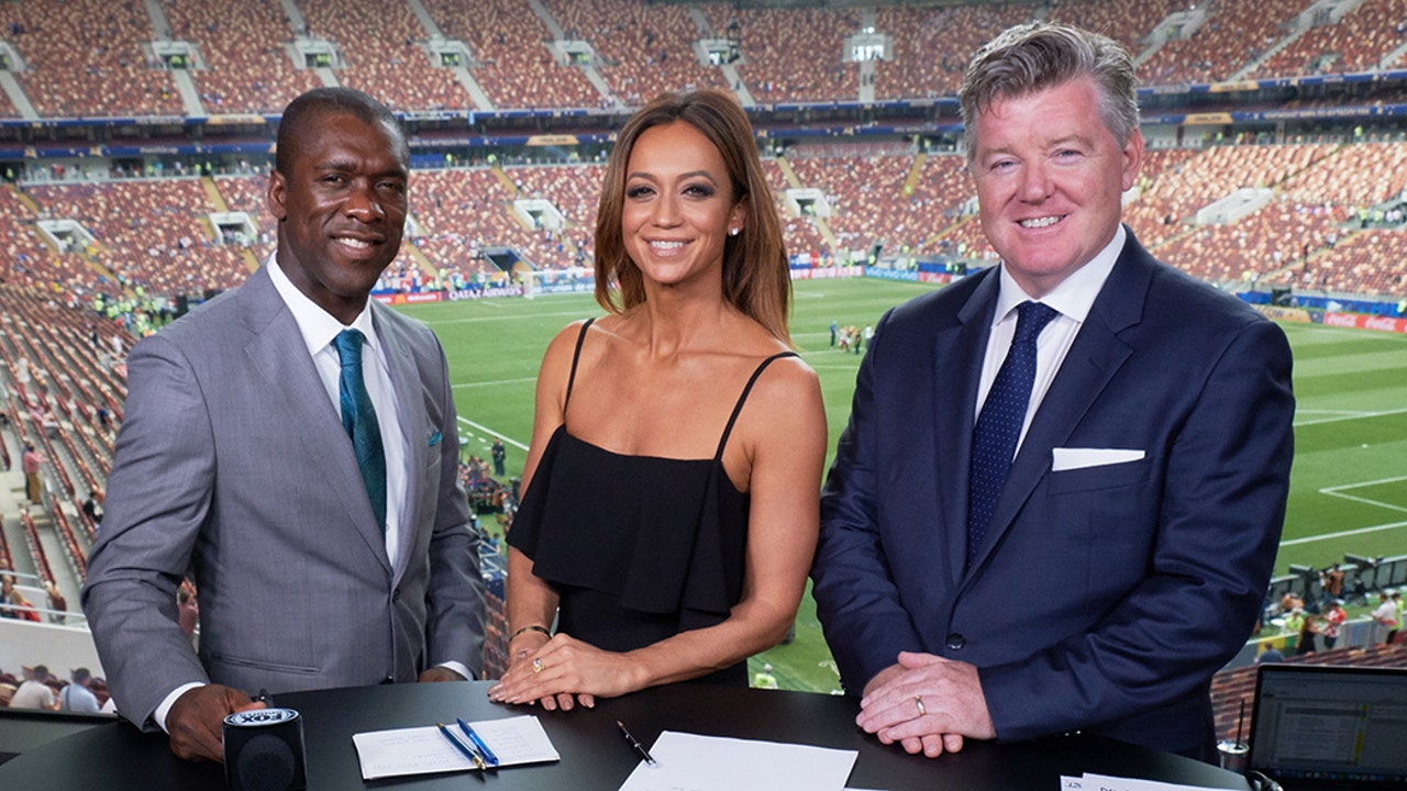 Clarence Seedorf, Kate Abdo and Geoff Shreeves at 2018 FIFA World Cup Russia™ Final