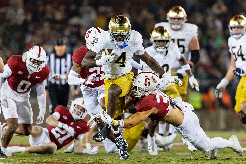 In three years at Notre Dame, Jeremiyah Love went over, around and through defenders, rushing for more than 2,800 yards. (Photo by Matthew Huang/Icon Sportswire via Getty Images)