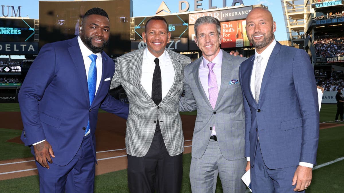 FOX Sports' MLB studio panel from left: David Ortiz, Alex Rodriguez, Kevin Burkhardt and Derek Jeter. (Photo by New York Yankees/Getty Images)