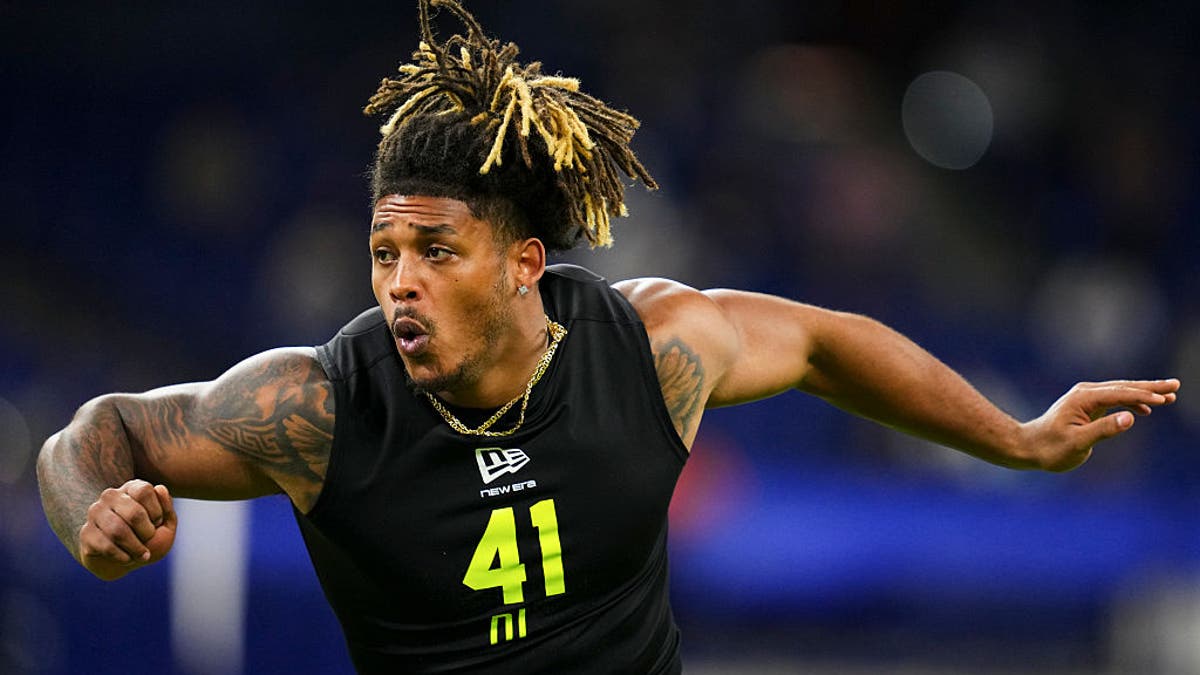 Cashius Howell #DL41 of Texas A&M participates in a drill during the 2026 NFL Scouting Combine at Lucas Oil Stadium on February 26, 2026 in Indianapolis, Indiana. (Photo by Cooper Neill/Getty Images)
