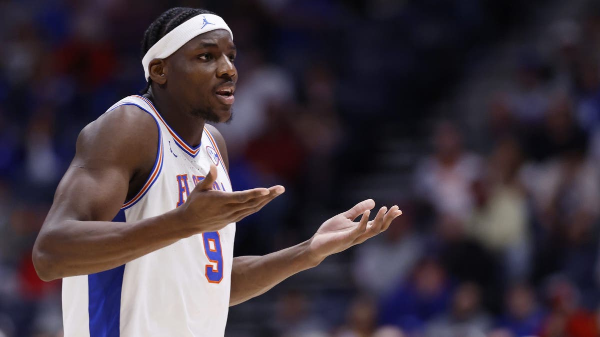 Rueben Chinyelu #9 of the Florida Gators reacts to a play in the third round of the 2026 SEC Men's Basketball Tournament. (Photo by Johnnie Izquierdo/Getty Images)