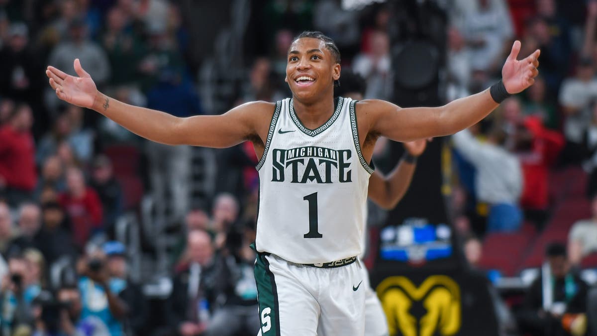 Jeremy Fears Jr. #1 of the Michigan State Spartans reacts after a play during the second half of a Big Ten Men's Basketball Tournament quarterfinal game against UCLA. (Photo by Aaron J. Thornton/Getty Images)
