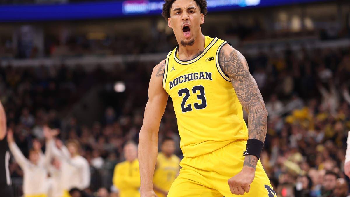 Yaxel Lendeborg #23 of the Michigan Wolverines celebrates against the Purdue Boilermakers. (Photo by Michael Reaves/Getty Images)