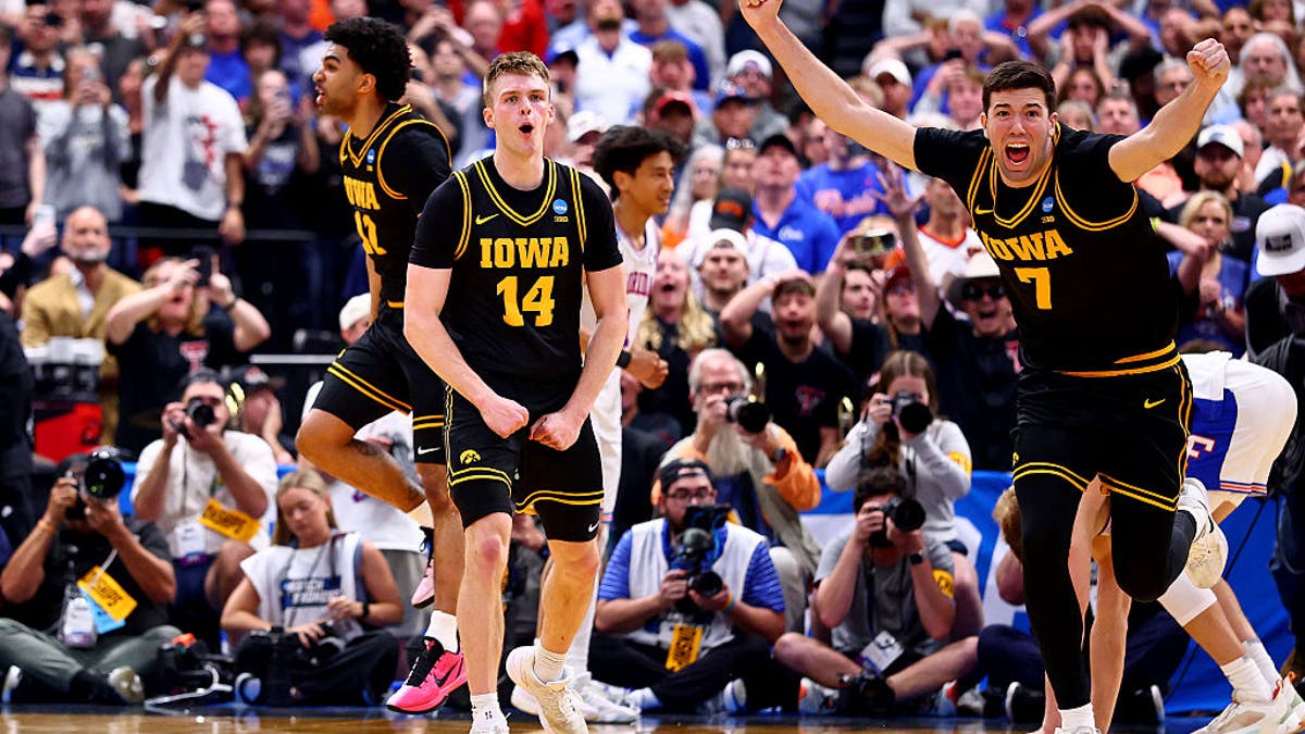 Bennett Stirtz and Alvaro Folgueiras of the Iowa Hawkeyes react to winning the second round of the 2026 NCAA Men's Basketball Tournament against Florida. (Photo by Tyler Schank/NCAA Photos via Getty Images)