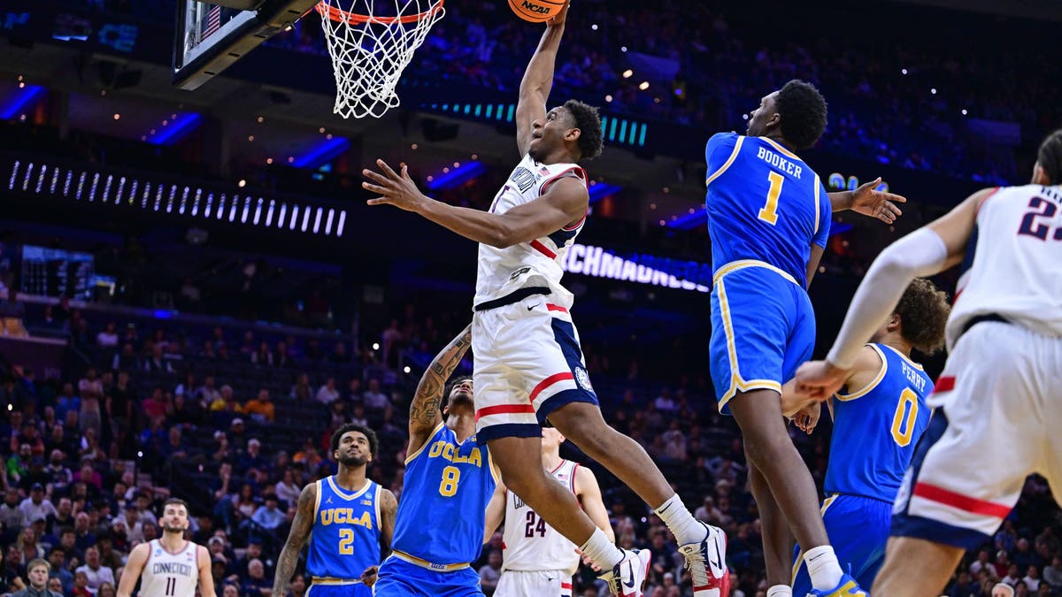 Tarris Reed Jr. #5 of the UConn Huskies dunks against the UCLA Bruins. (Photo by Ben Solomon/NCAA Photos via Getty Images)