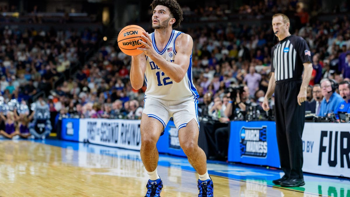 Cameron Boozer #12 of the Duke Blue Devils shoots the ball in the second half against TCU. (Photo by Jacob Kupferman/Getty Images)