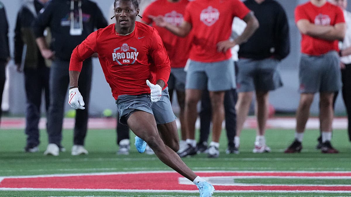 Carnell Tate #17 of the Ohio State Buckeyes participates in drills during 2026 Ohio State Pro Day at Woody Hayes Athletic Center on March 25, 2026 in Columbus, Ohio.  (Photo by Jason Mowry/Getty Images)