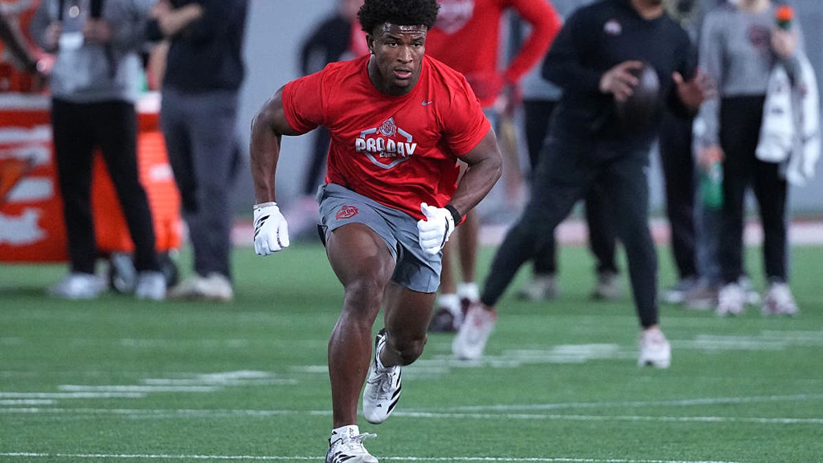 Caleb Downs #2 of the Ohio State Buckeyes participates in drills during 2026 Ohio State Pro Day at Woody Hayes Athletic Center on March 25, 2026 in Columbus, Ohio. (Photo by Jason Mowry/Getty Images)