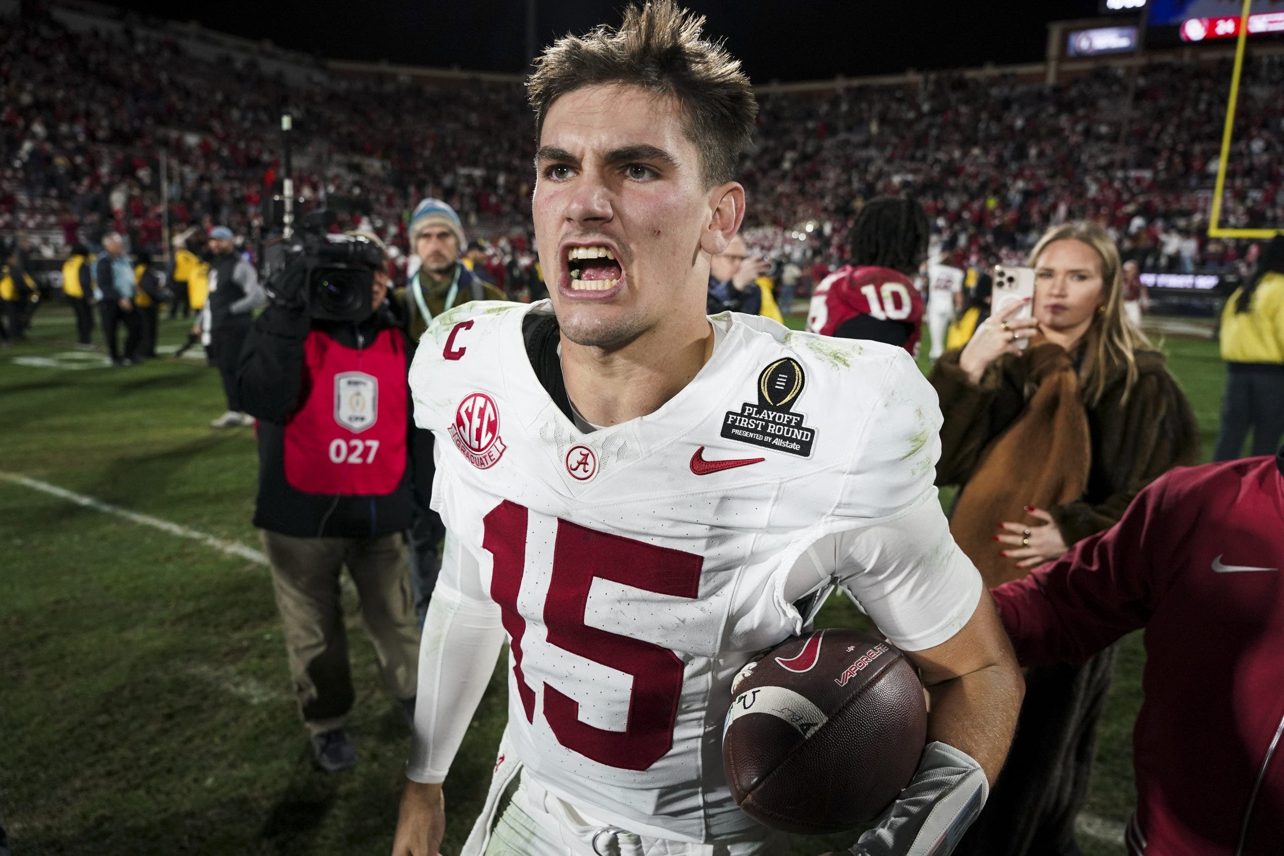 Ty Simpson celebrates after Alabama knocked out Oklahoma from the College Football Playoff last season. (CFP/Getty Images)
