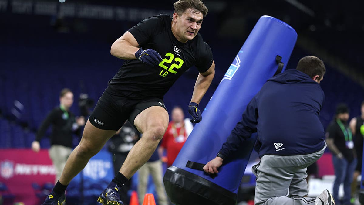 Jimmy Rolder of the Michigan Wolverines participates in a drill during the 2026 NFL Scouting Combine at Lucas Oil Stadium on February 26, 2026 in Indianapolis, Indiana. (Photo by Stacy Revere/Getty Images)