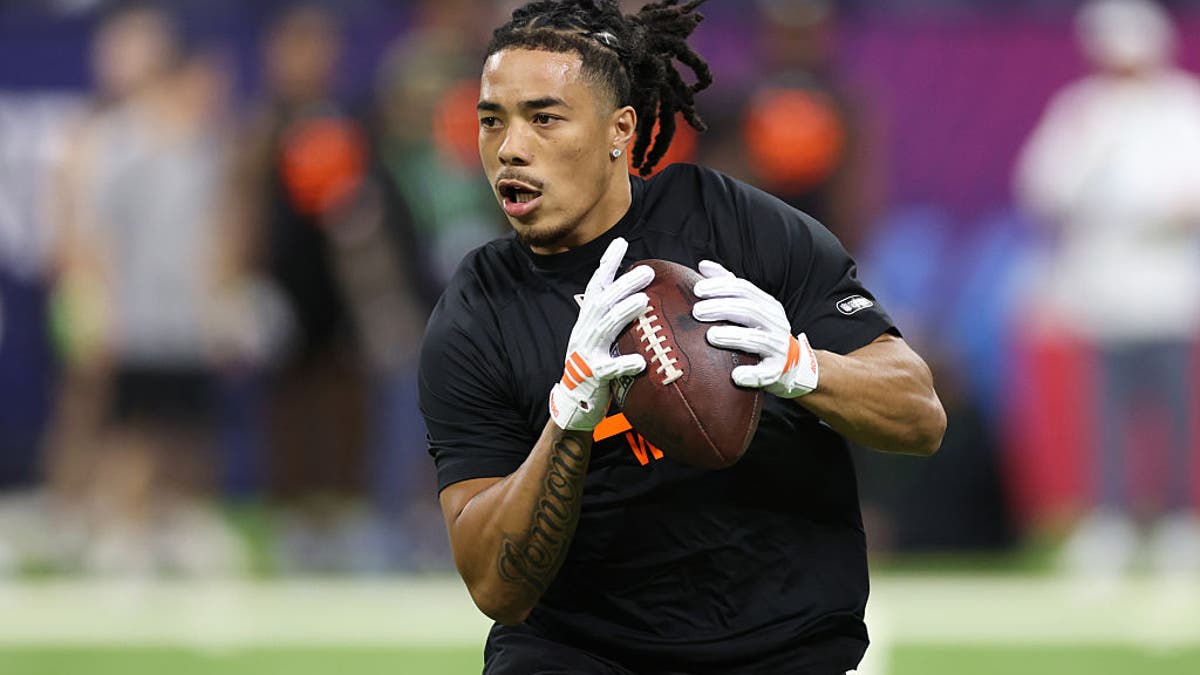 Makai Lemon of the USC Trojans participates in a drill during the 2026 NFL Scouting Combine at Lucas Oil Stadium on February 28, 2026 in Indianapolis, Indiana. (Photo by Stacy Revere/Getty Images)