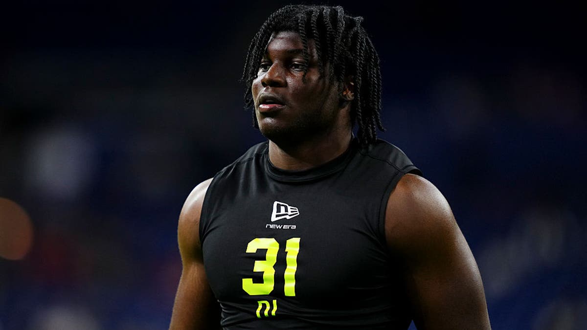 David Bailey #DL31 of Texas Tech runs the 40-yard dash during the 2026 NFL Scouting Combine at Lucas Oil Stadium on February 26, 2026 in Indianapolis, Indiana. (Photo by Cooper Neill/Getty Images)
