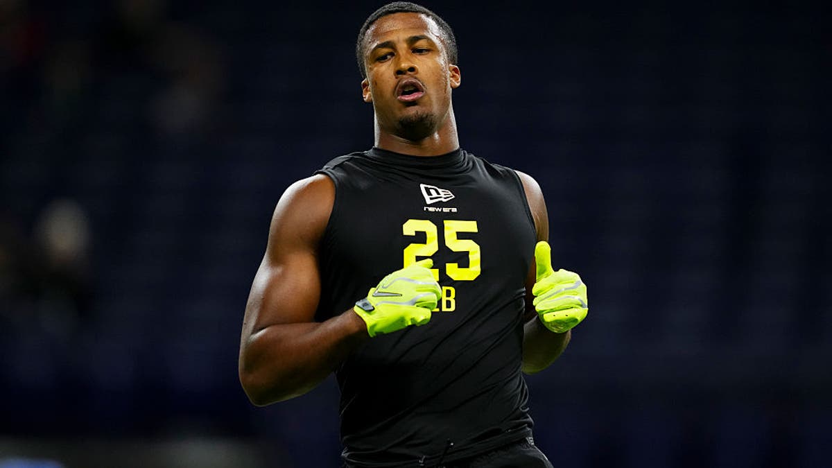 Sonny Styles of the Ohio State Buckeyes finishes a drill at the 2026 NFL Scouting Combine at Lucas Oil Stadium on February 26, 2026 in Indianapolis, Indiana. (Photo by Cooper Neill/Getty Images)