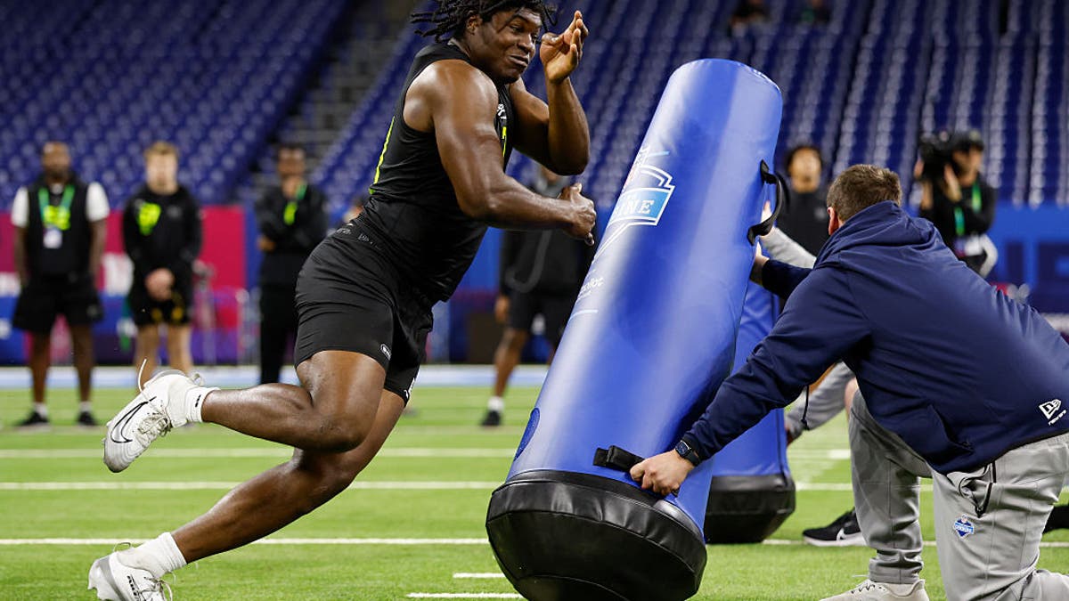 Bailey shows his speed off the edge at the NFL Scouting Combine. (Photo by Lauren Leigh Bacho/Getty Images)