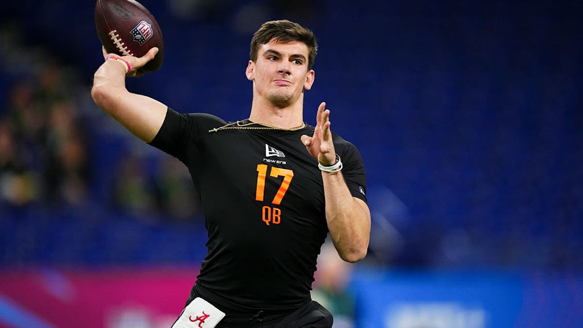 At the NFL Combine, Ty Simpson received a prospect grade of 6.30 from NextGen Stats, putting him in the category of "will eventually be a plus starter." (Photo by Cooper Neill/Getty Images)