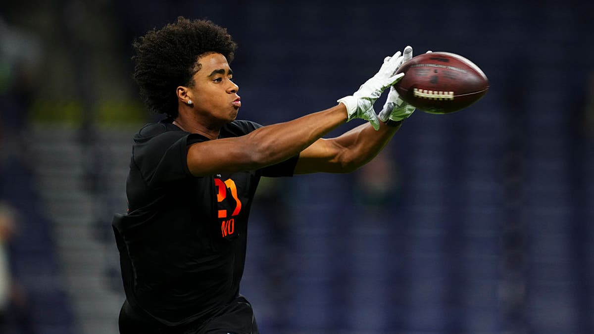 INDIANAPOLIS, IN - FEBRUARY 28: Ja'Kobi Lane #WO27 of Southern California participates in a drill during the 2026 NFL Scouting Combine at Lucas Oil Stadium on February 28, 2026 in Indianapolis, Indiana. (Photo by Cooper Neill/Getty Images)