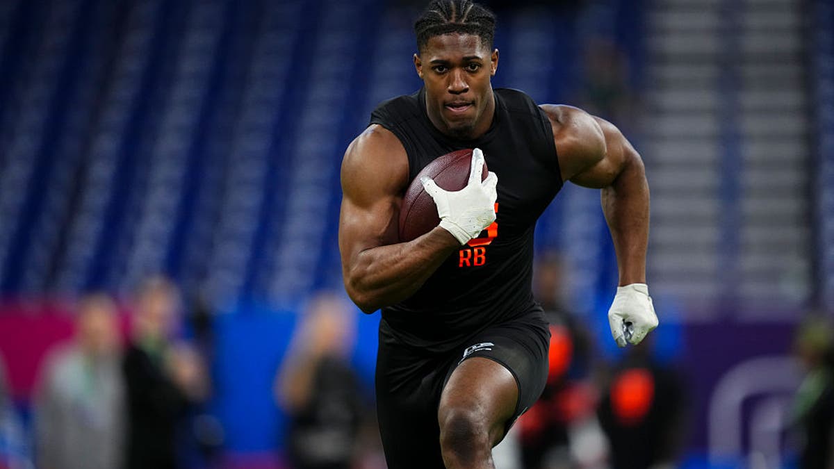 Jadarian Price of the Notre Dame Fighting Irish participates in a drill during the 2026 NFL Scouting Combine  at Lucas Oil Stadium on February 28, 2026 in Indianapolis, Indiana. (Photo by Cooper Neill/Getty Images)