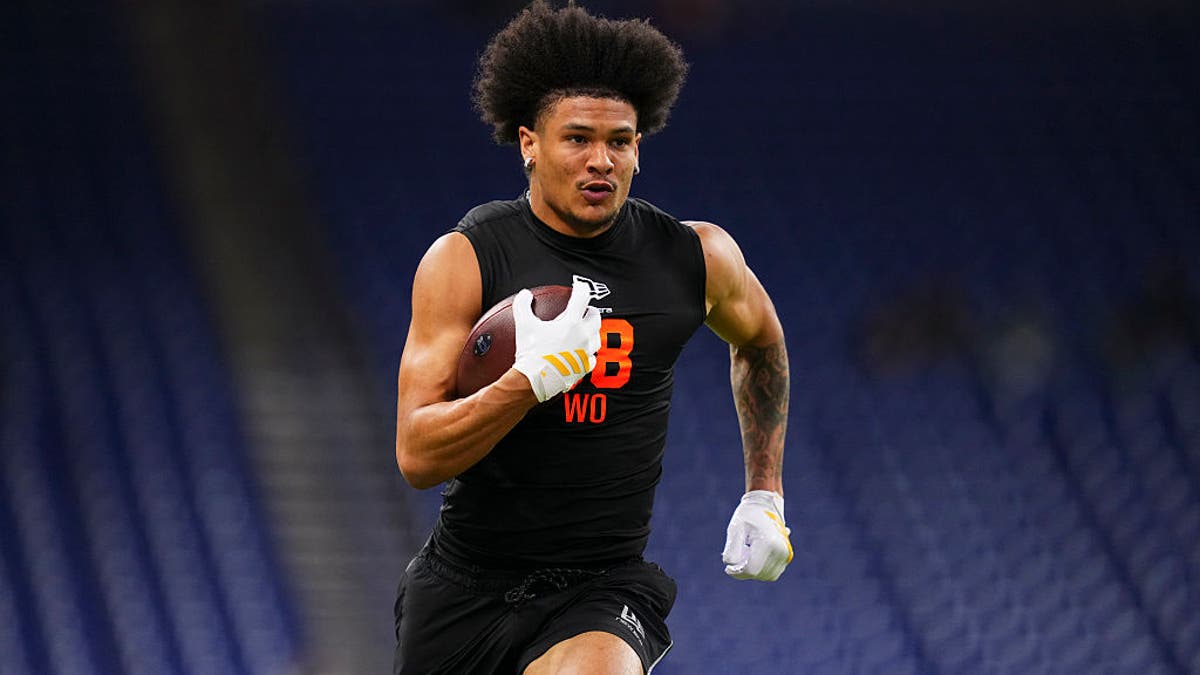 Denzel Boston of the Washington Huskies participates in a drill during the 2026 NFL Scouting Combine at Lucas Oil Stadium on February 28, 2026 in Indianapolis, Indiana. (Photo by Cooper Neill/Getty Images)