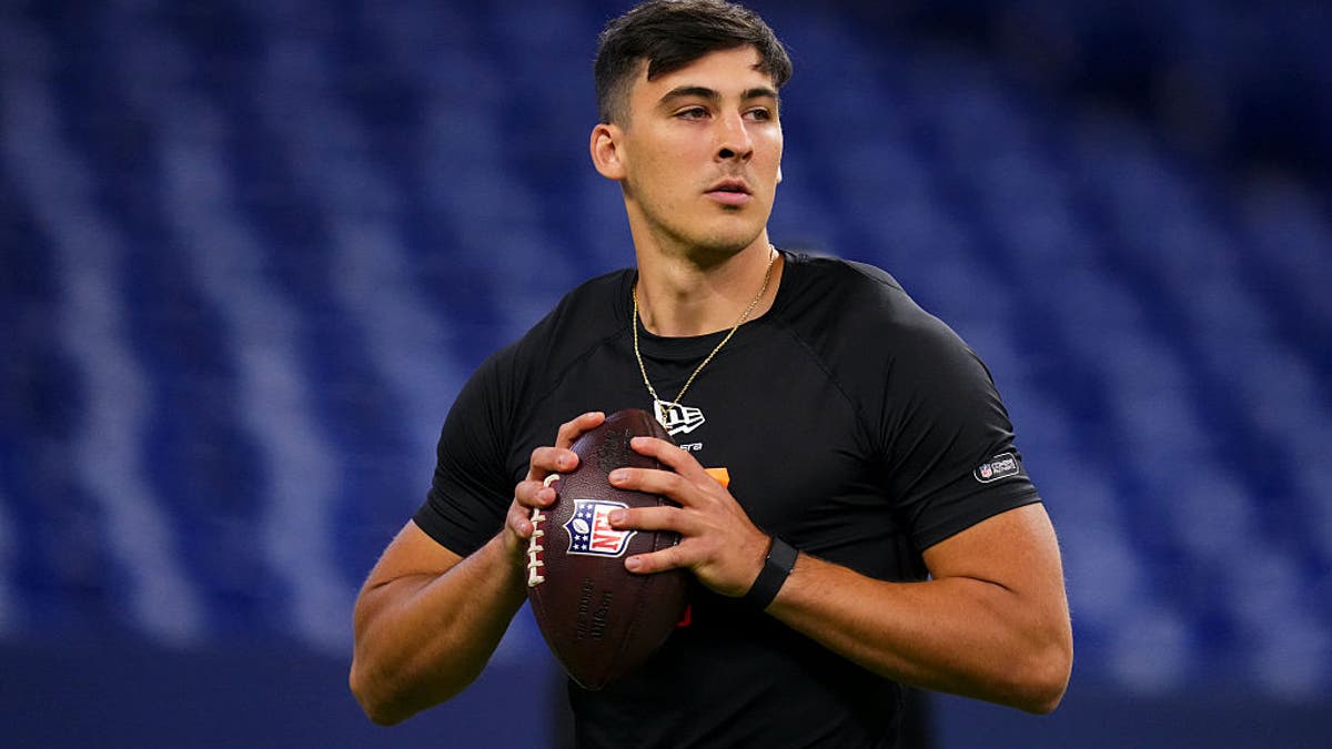 Joe Fagnano of UConn participates in a drill during the 2026 NFL Scouting Combine at Lucas Oil Stadium on February 28, 2026, in Indianapolis, Indiana. (Photo by Cooper Neill/Getty Images)