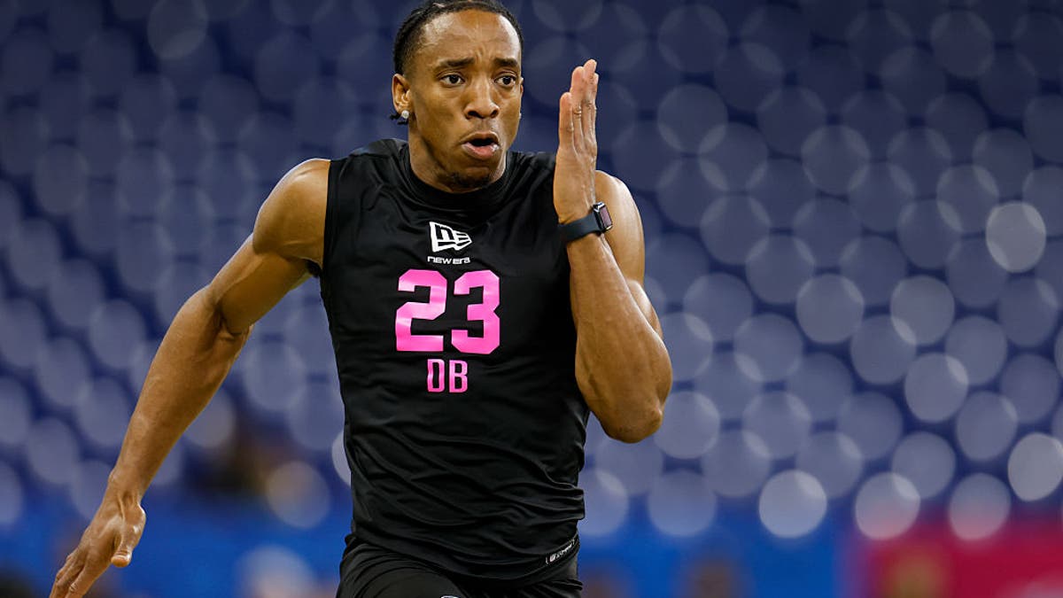 Malik Muhammad #DB23 of Texas participates in the 40-yard dash during the 2026 NFL Scouting Combine at Lucas Oil Stadium on February 27, 2026 in Indianapolis, Indiana. (Photo by Lauren Leigh Bacho/Getty Images)