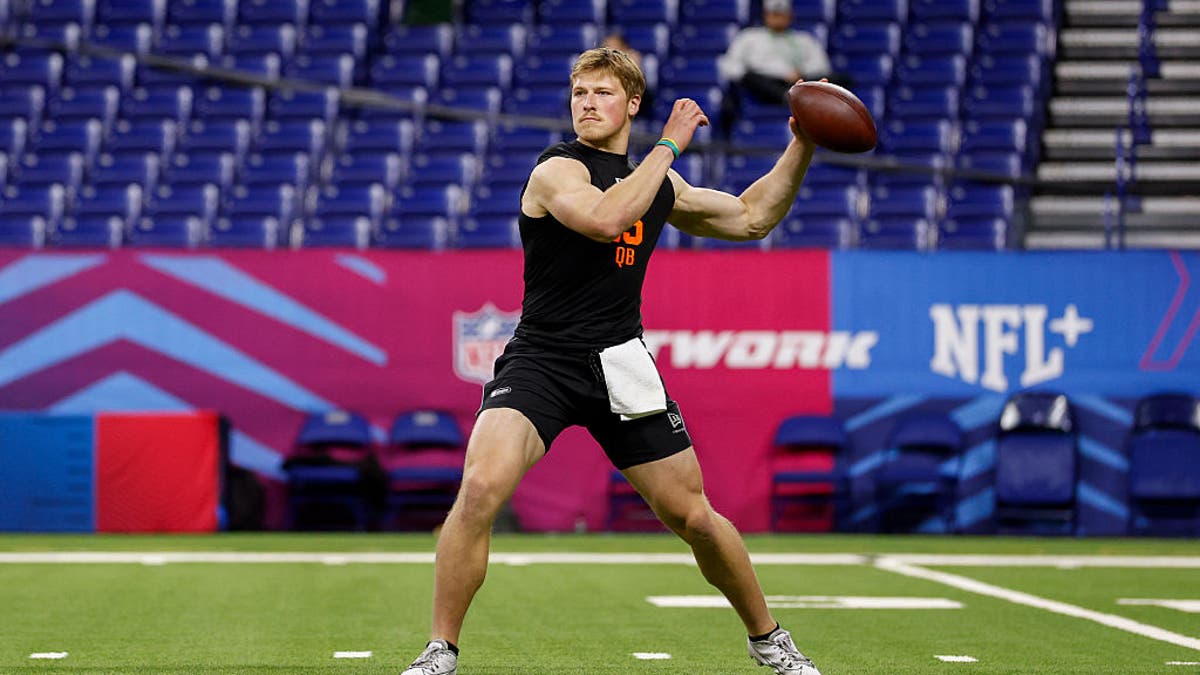Cole Payton #QB15 of North Dakota State participates in a drill during the 2026 NFL Scouting Combine at Lucas Oil Stadium on February 28, 2026 in Indianapolis, Indiana. (Photo by Lauren Leigh Bacho/Getty Images)