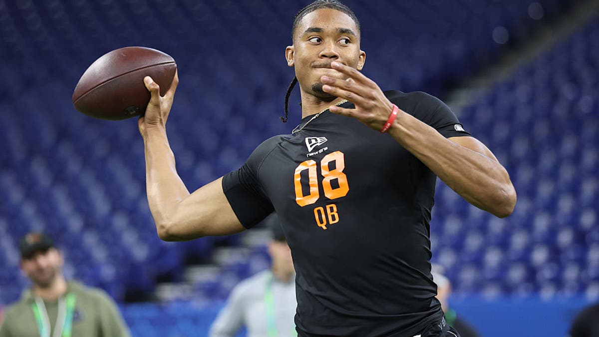 Arkansas' Taylen Green, drafted by the Browns, throws a pass during the 2026 NFL Scouting Combine at Lucas Oil Stadium on February 28, 2026 in Indianapolis, Indiana. (Photo by Stacy Revere/Getty Images)