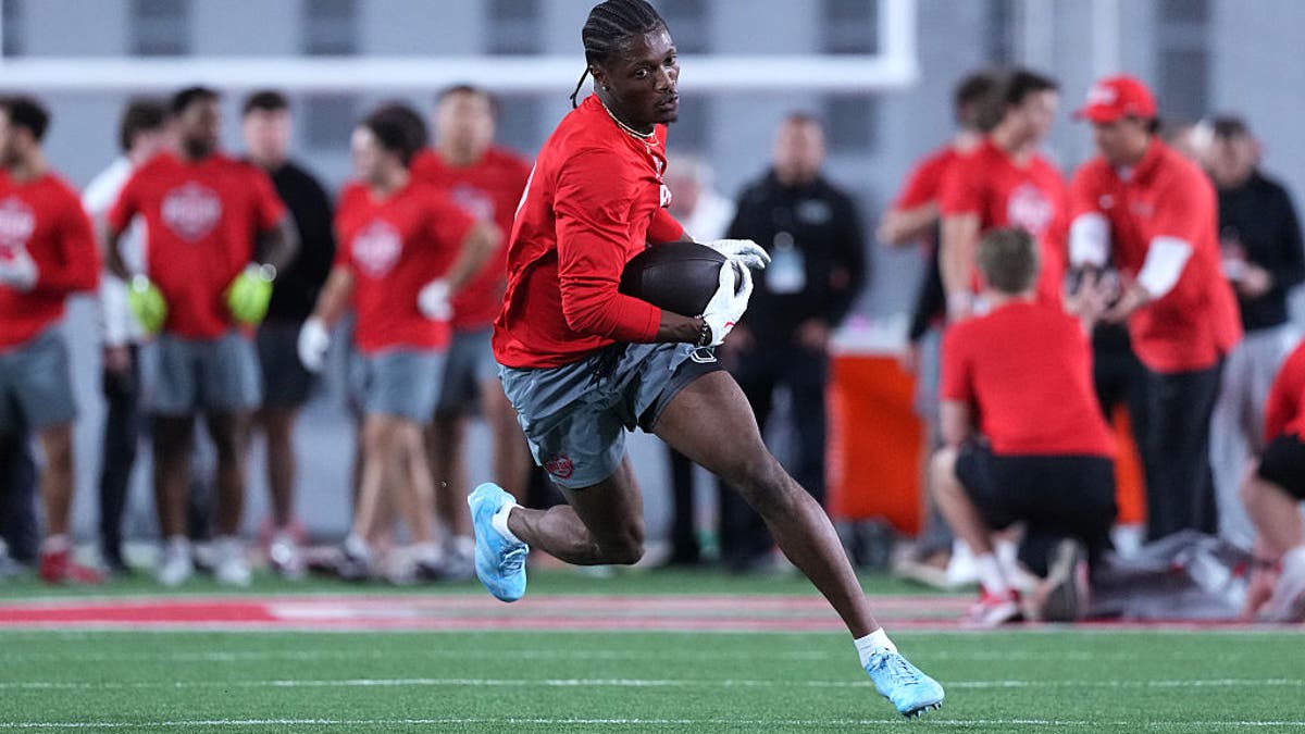 Carnell Tate of the Ohio State Buckeyes participates in drills during 2026 Ohio State Pro Day at Woody Hayes Athletic Center on March 25, 2026 in Columbus, Ohio.  (Photo by Jason Mowry/Getty Images)