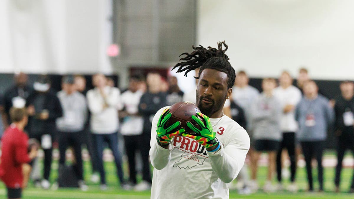 Indiana Hoosiers wide receiver Omar Cooper Jr. (3) catches a pass during NFL Pro Day. (Photo by Jeremy Hogan/SOPA Images/LightRocket via Getty Images)
