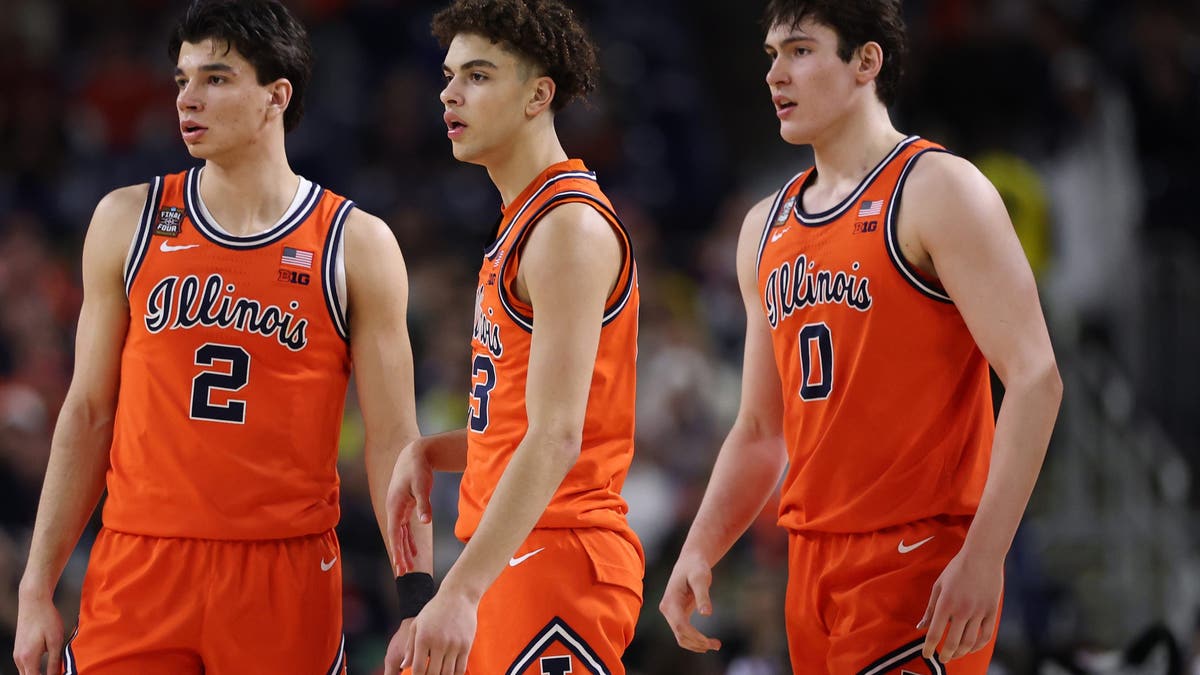 Andrej Stojakovic, Keaton Wagler and David Mirkovic look on against the UConn Huskies in the 2026 Final Four. (Photo by Michael Reaves/Getty Images)