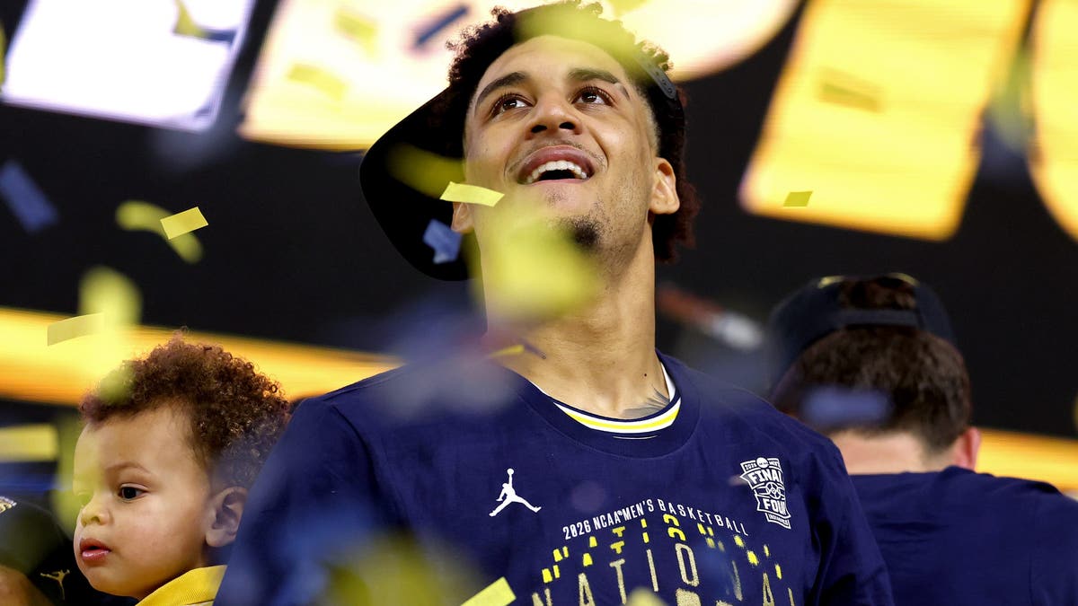 Yaxel Lendeborg of the Michigan Wolverines looks on after defeating the UConn Huskies in the national championship. (Photo by Patrick Smith/Getty Images)