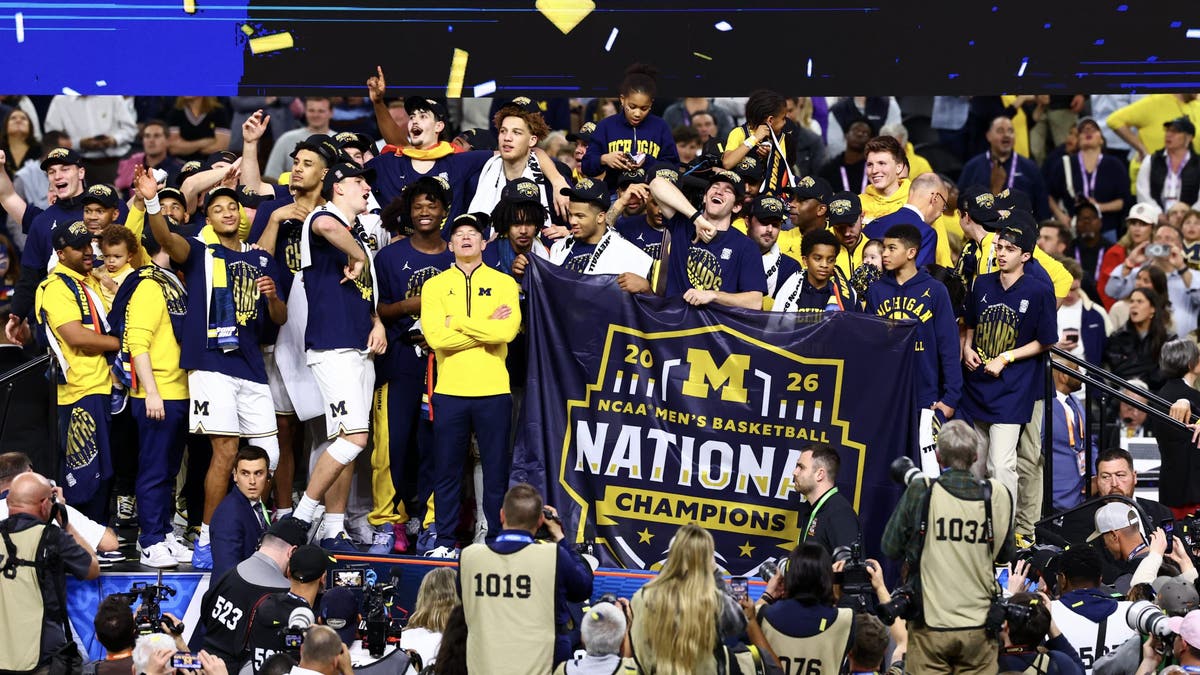 The Michigan Wolverines celebrate winning the 2026 men's national championship. (Photo by Tanner Pearson/NCAA Photos via Getty Images)