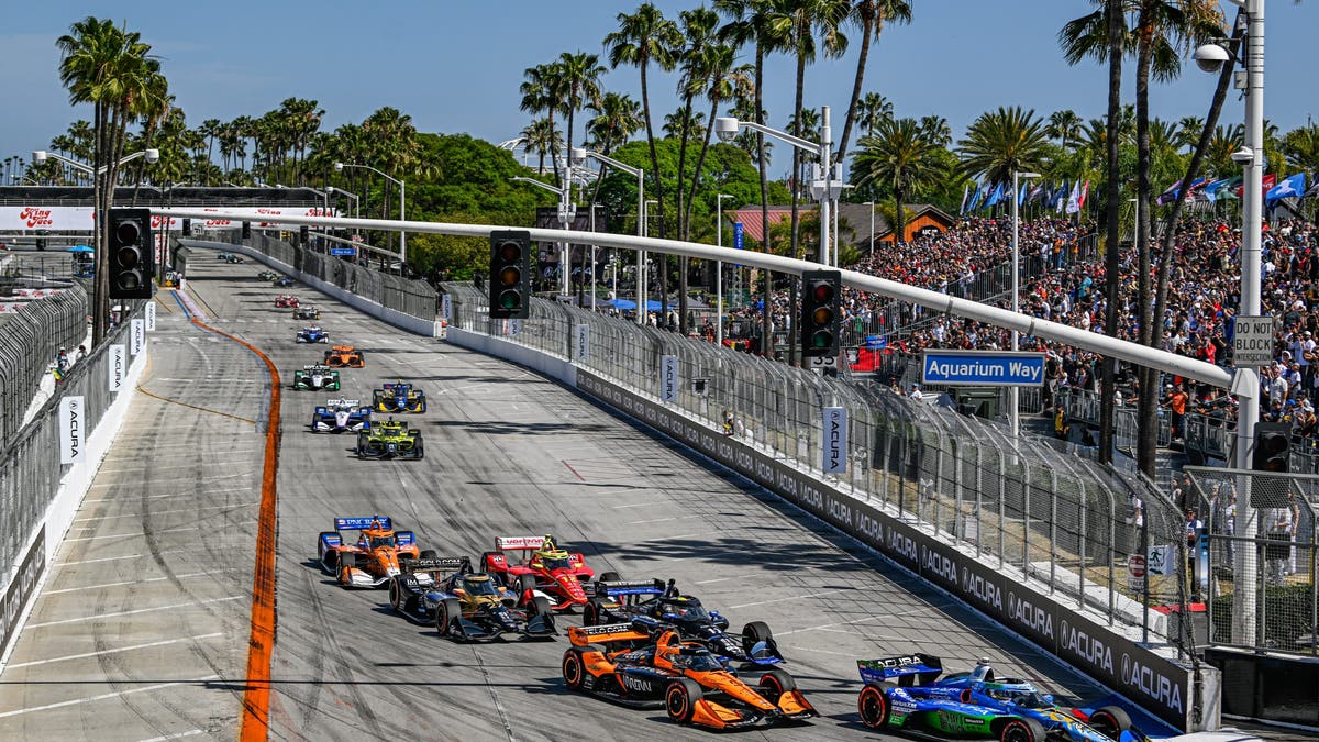 Felix Rosenqvist leads the start of the 2026 Grand Prix Of Long Beach. (Photo by Brandon Badraoui/Lumen via Getty Images)