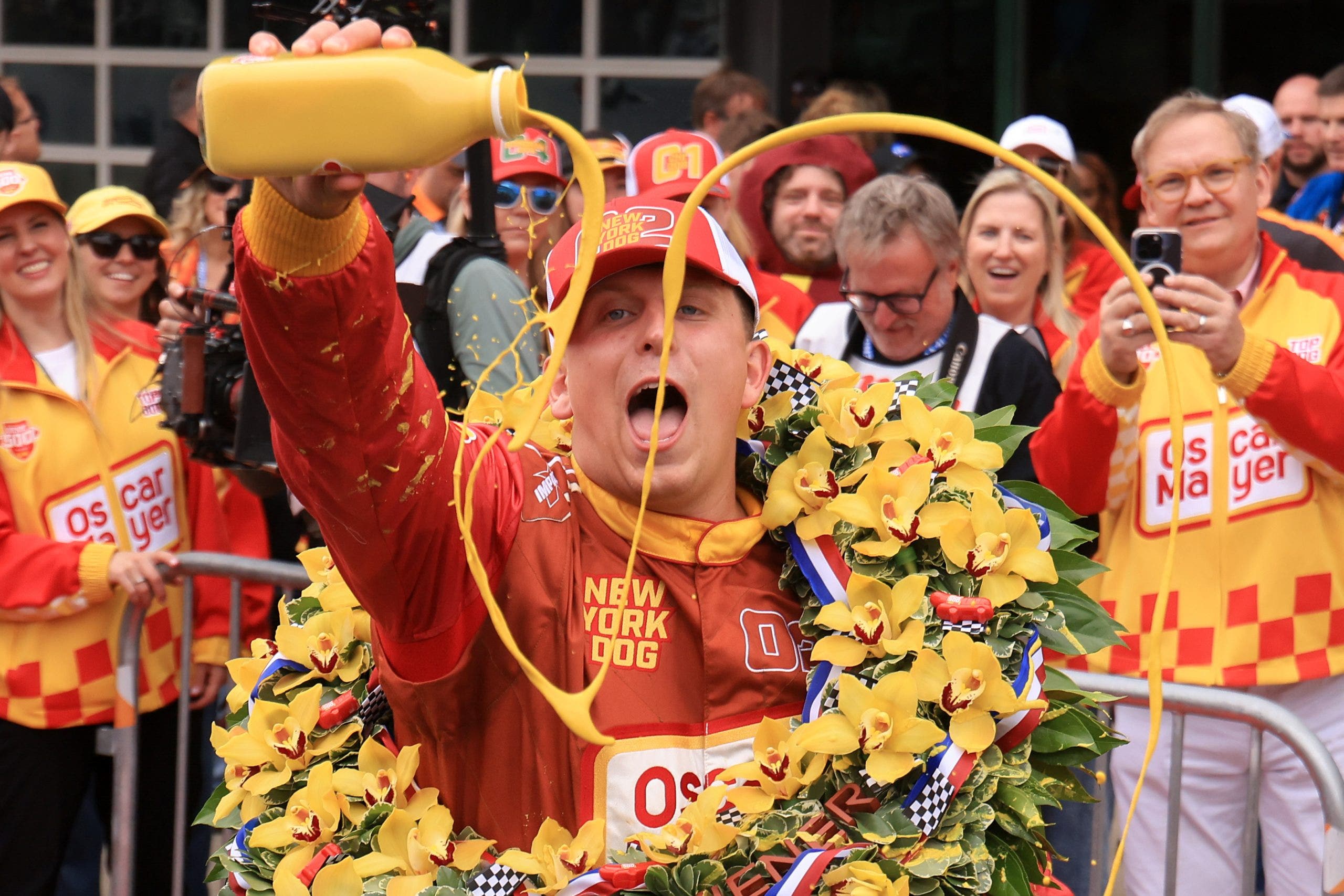 Jack and Cheese of Team New York Dog celebrates winning the 2026 Wienie 500. (Photo by Justin Casterline/Getty Images)