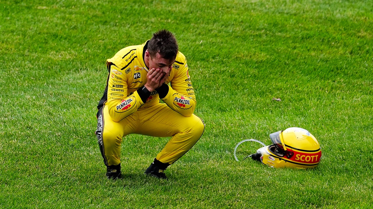 Dejected Scott McLaughlin after wrecking on the pace lap before the 2025 Indy 500. (Photo by Brian Spurlock/Icon Sportswire via Getty Images)