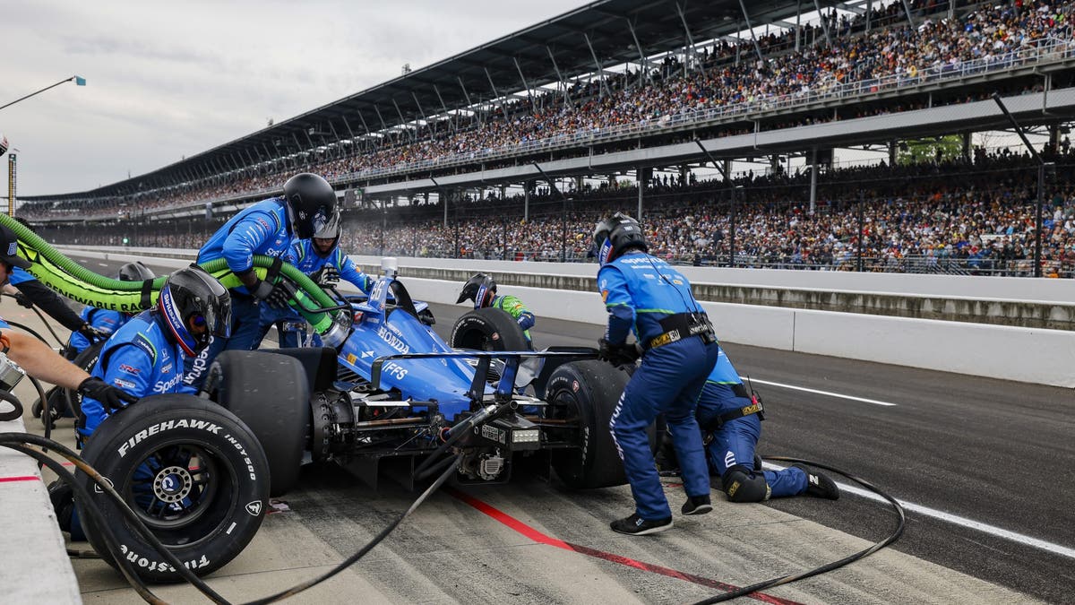 Marcus Armstrong and his Meyer Shank Racing w/ Curb-Agajanian during a stop in the 2025 Indy 500. (Photo by Brett Farmer/Lumen via Getty Images)