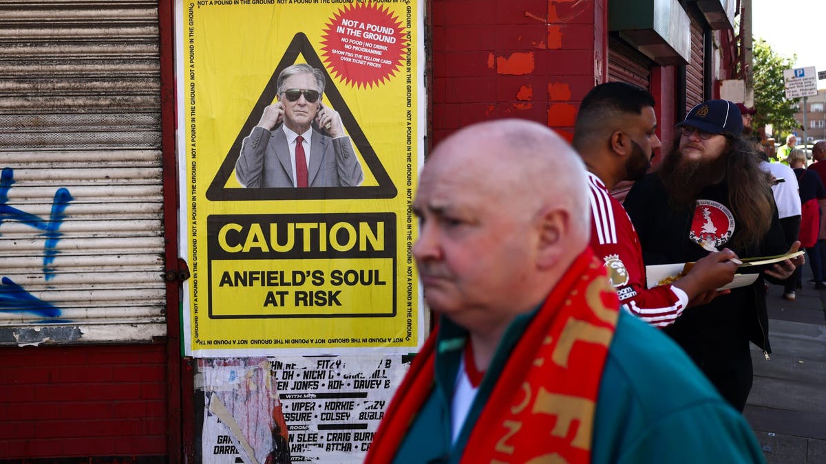 LIVERPOOL, ENGLAND - APRIL 25: Fans of Liverpool protest against the clubs ownership, John Henry and FSG regarding ticket price increases ahead pf the Premier League match between Liverpool and Crystal Palace at Anfield on April 25, 2026 in Liverpool, United Kingdom. (Photo by Robbie Jay Barratt - AMA/Getty Images)