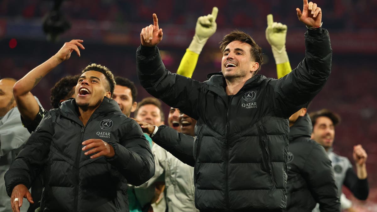 MUNICH, GERMANY - MAY 6:   Fabian Ruiz of Paris Saint-Germain celebrates with Desire Doue at the end of the UEFA Champions League 2025/26 Semi Final Second Leg match between FC Bayern Munchen and Paris Saint-Germain at Football Arena Munich on May 6, 2026 in Munich, Germany. (Photo by Chris Brunskill/Fantasista/Getty Images)