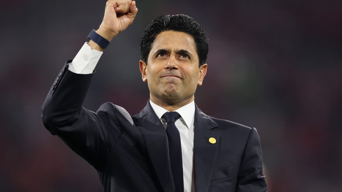 MUNICH, GERMANY - MAY 06: Nasser Al-Khelaifi, President of Paris Saint-Germain, celebrates following his side's progression to the UEFA Champions League Final after the UEFA Champions League 2025/26 Semi Final Second Leg match between FC Bayern München and Paris Saint-Germain at Football Arena Munich on May 06, 2026 in Munich, Germany. (Photo by Alex Grimm/Getty Images)