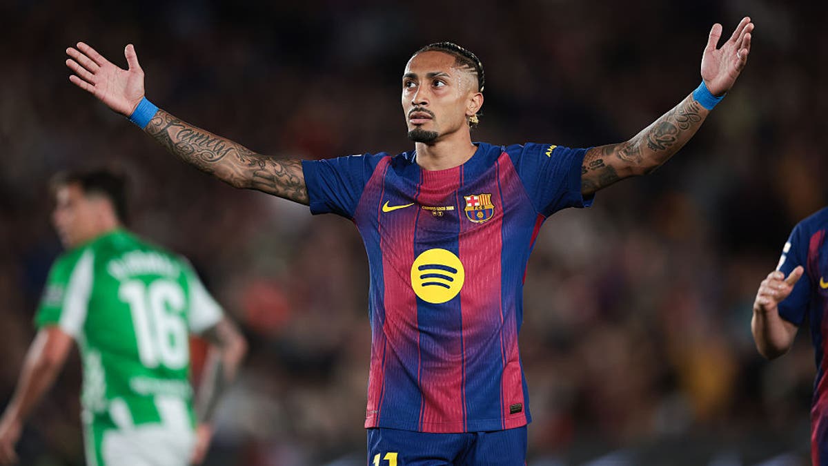 BARCELONA, SPAIN - MAY 17: Raphinha of FC Barcelona celebrates after scoring the team's second goal during the LaLiga EA Sports match between FC Barcelona and Real Betis Balompie at Spotify Camp Nou on May 17, 2026 in Barcelona, Spain. (Photo by Eric Alonso/Getty Images)