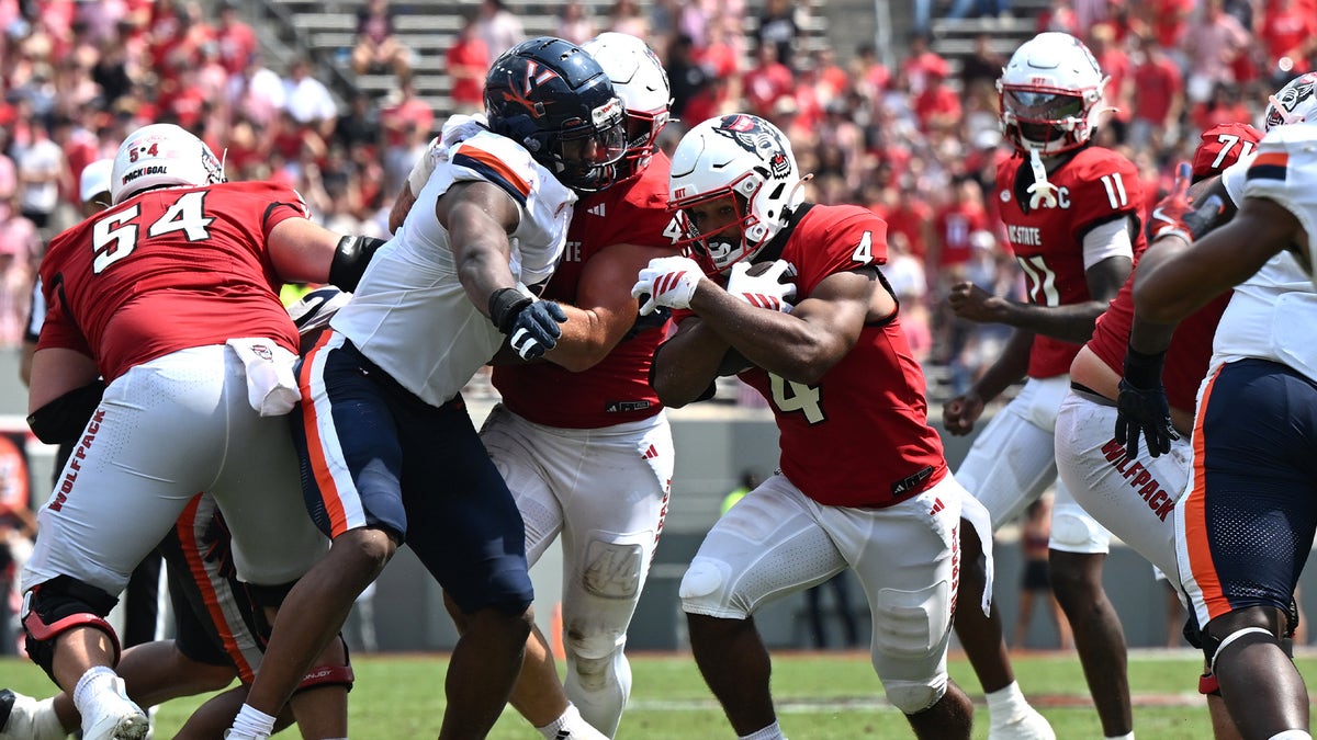 Running back Jayden Scott carries the ball up the middle during the NC State Wolfpack and Virginia game on September 6, 2025 at Carter-Finley Stadium in Raleigh, North Carolina. (Photo by Katherine Gawlik/Icon Sportswire via Getty Images)