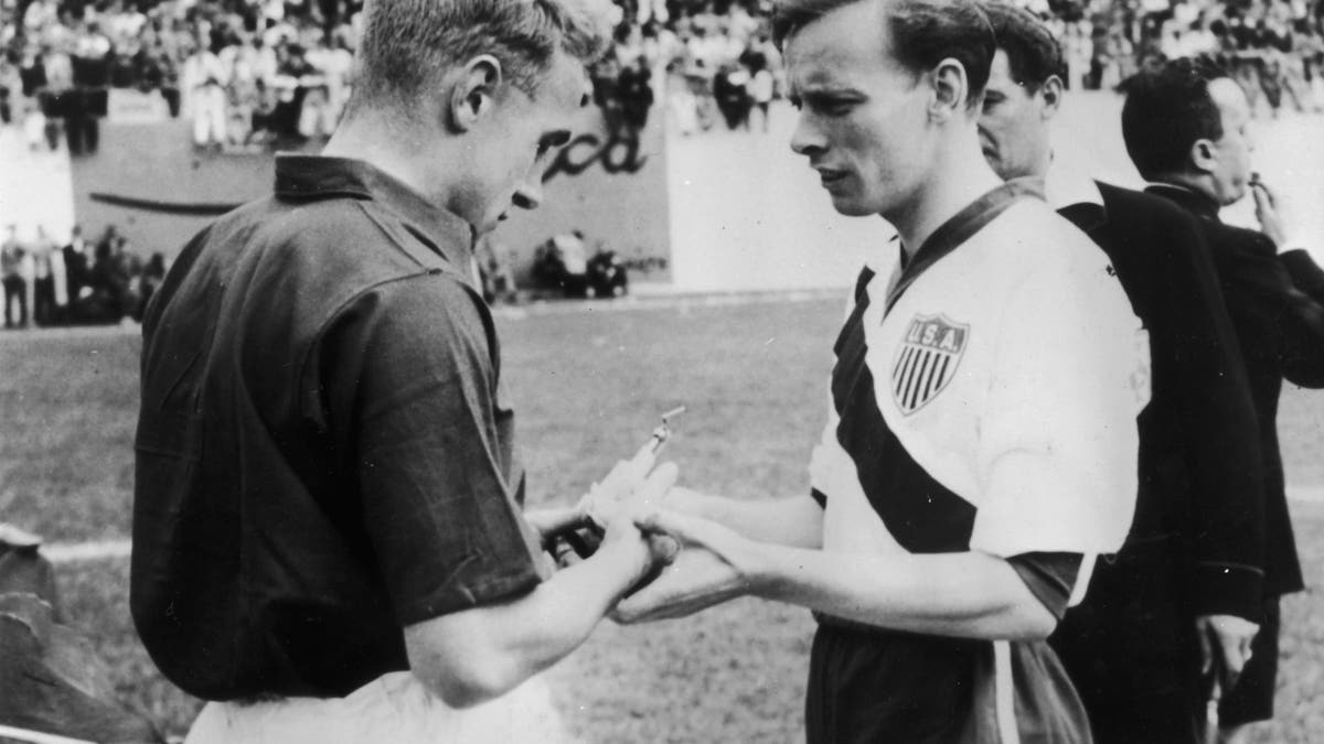 The captains of England and USA, Billy Wright and Ed McIlvenny, ahead of their iconic 1950 World Cup match. (Photo by Keystone/Getty Images)