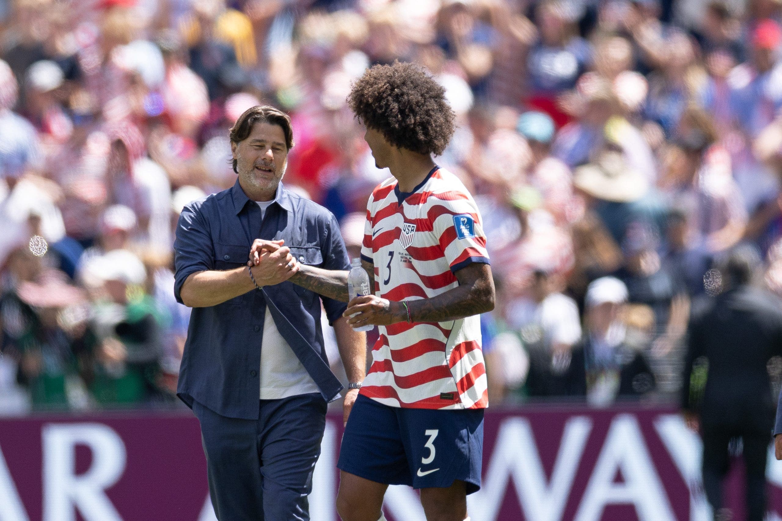 Mauricio Pochettino and Chris Richards after the USA's 2-0 victory against Australia in the 2026 World Cup group stage. (Photo by John Dorton/USSF/Getty Images)
