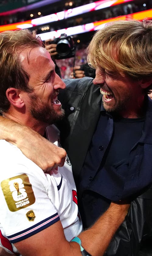 Harry Kane Presents England Legacy Cap To Peter Crouch During Three Lions Camp Visit
