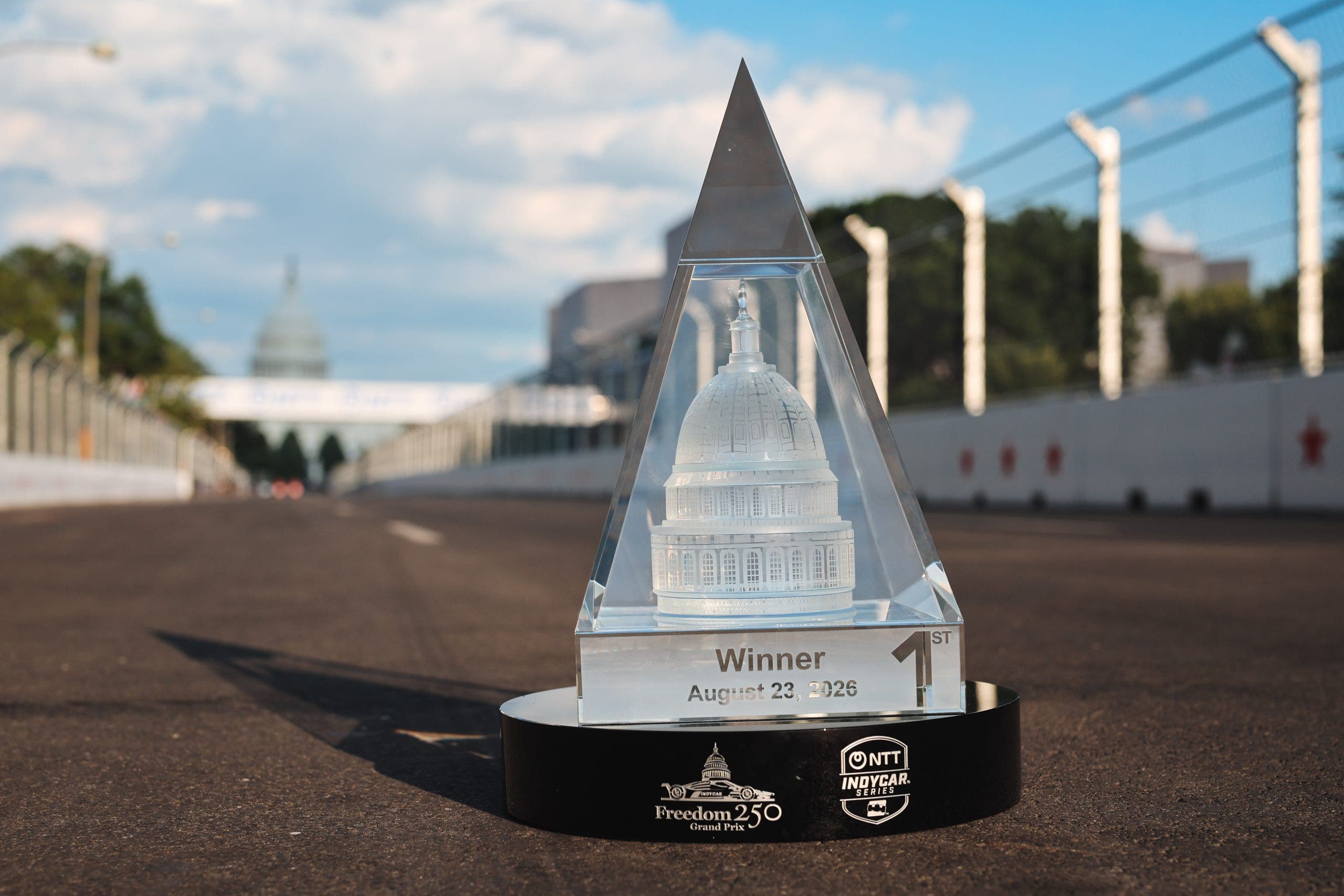 Specially crafted for the inaugural D.C. street race, the custom award combines two of the capital’s most iconic landmarks into a single crystal piece to mark America’s 250th anniversary. (Photo courtesy of INDYCAR.)